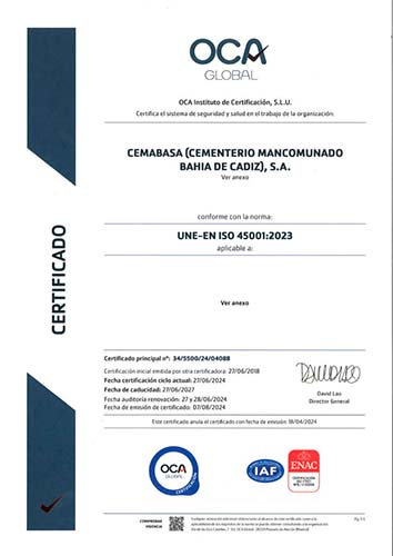 Cemabasa renueva el Certificado ISO 45001